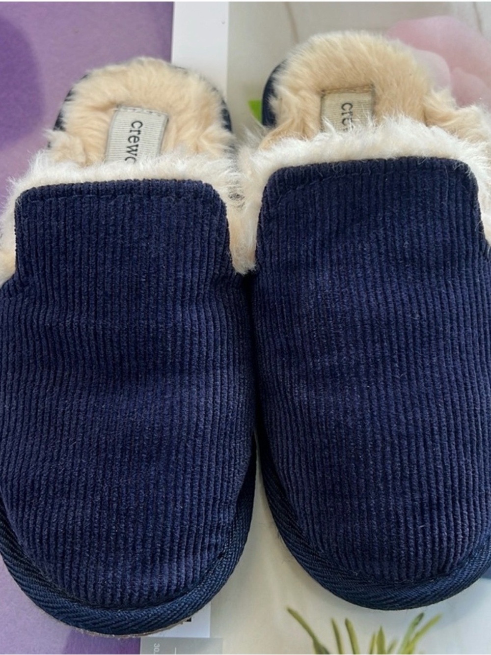 Crewcuts Navy Corduroy Slip-On Slippers with Cream Faux Fur